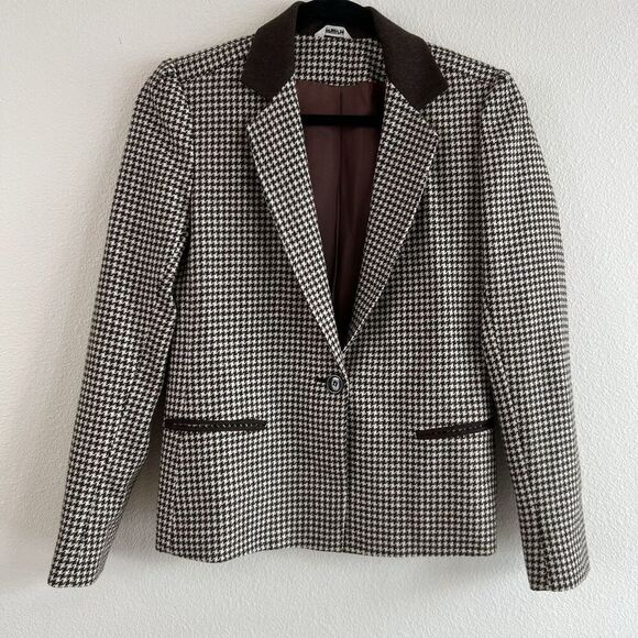 Vintage Houndstooth Wool Blazer Brown Cream Women’s 4 Business Career - Picture 1 of 7